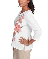 Alfred Dunner Petite Floral-Embroidered Split-Neck Top