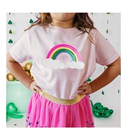 Little and Big Girls Rainbow Sequin Patch Short Sleeve T-Shirt