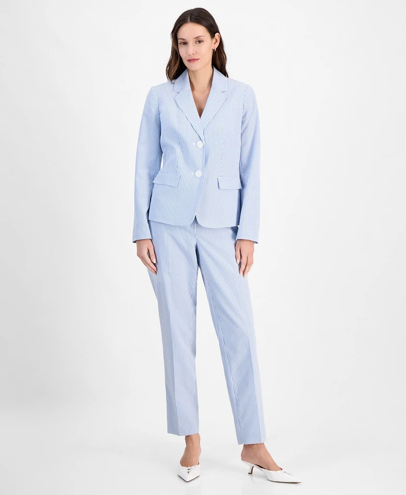 Le Suit Women's Seersucker Two-Button Notch-Collar & Mid-Rise Slim Pants