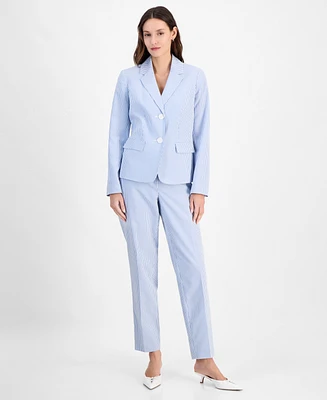 Le Suit Women's Seersucker Two-Button Notch-Collar & Mid-Rise Slim Pants