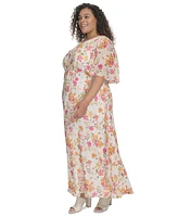 Calvin Klein Plus Floral-Print Flutter-Sleeve Maxi Dress