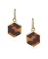 Bling Jewelry Hexagon Brown Tortoise Shell Dangle Earrings Gold Plated Stainless Steel