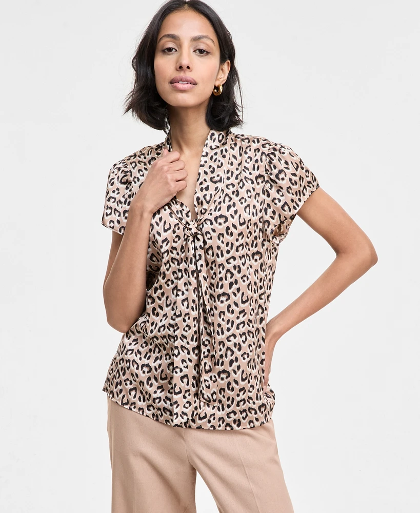 Bar Iii Women's Satin Animal-Print Bow Blouse, Exclusively at Macy's