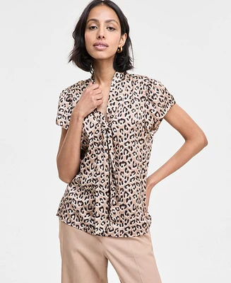 Bar Iii Women's Satin Animal-Print Bow Blouse, Exclusively at Macy's