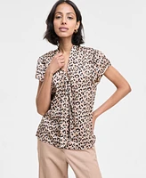 Bar Iii Women's Satin Animal-Print Bow Blouse, Exclusively at Macy's
