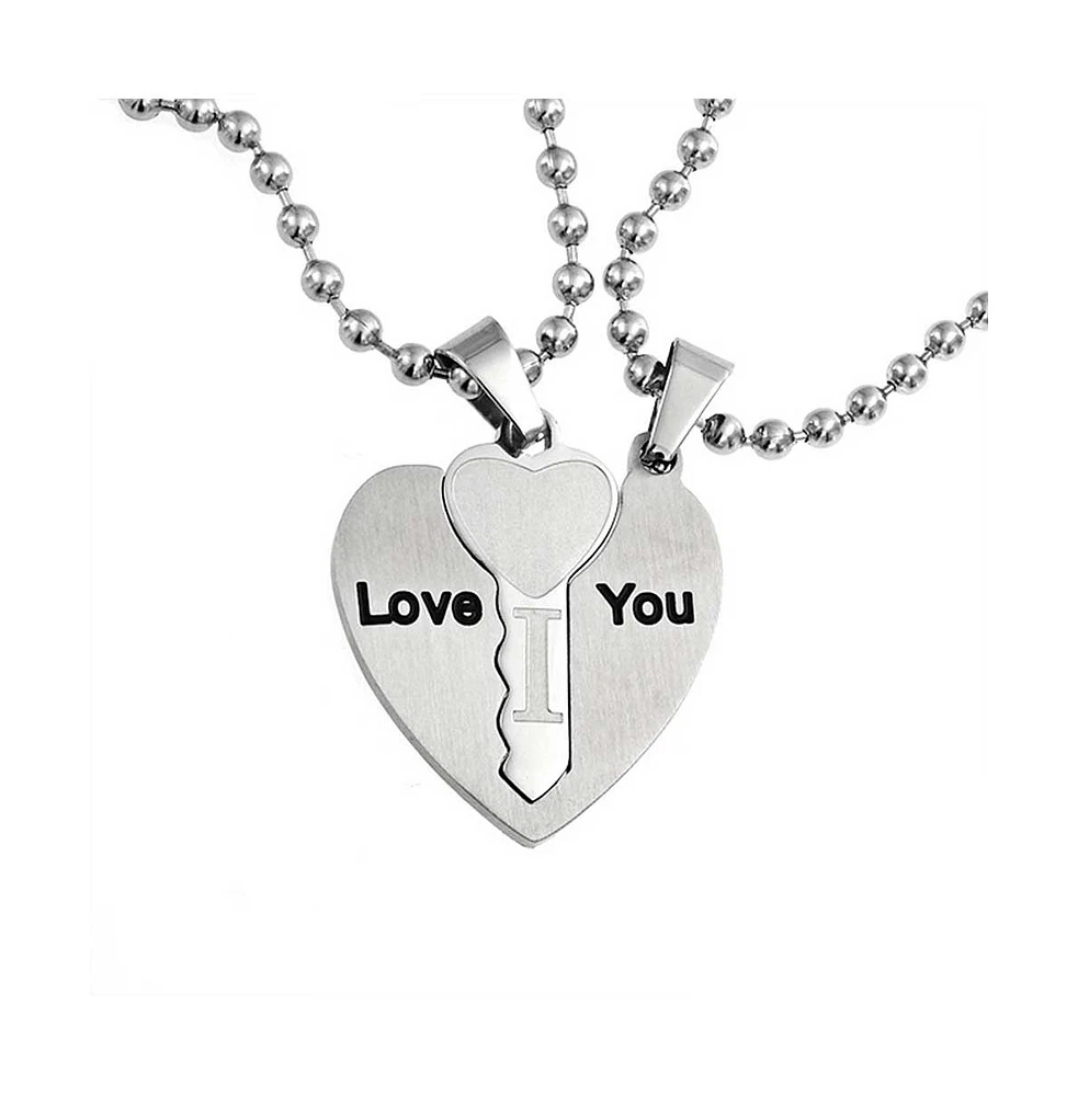 Bling Jewelry I Love You Puzzle Heart Key Pendant Necklace for Couples Stainless Steel