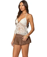 Edikted Womens Sheer Crochet Babydoll Halter Top