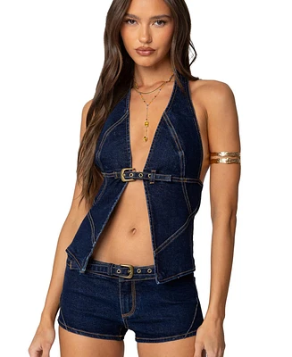 Edikted Womens Ciel Split Front Denim Halter Top