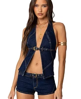 Edikted Womens Ciel Split Front Denim Halter Top