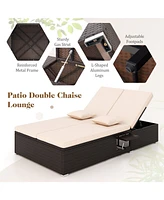 Patio Double Chaise Lounge with Cushions and Folding Side Trays