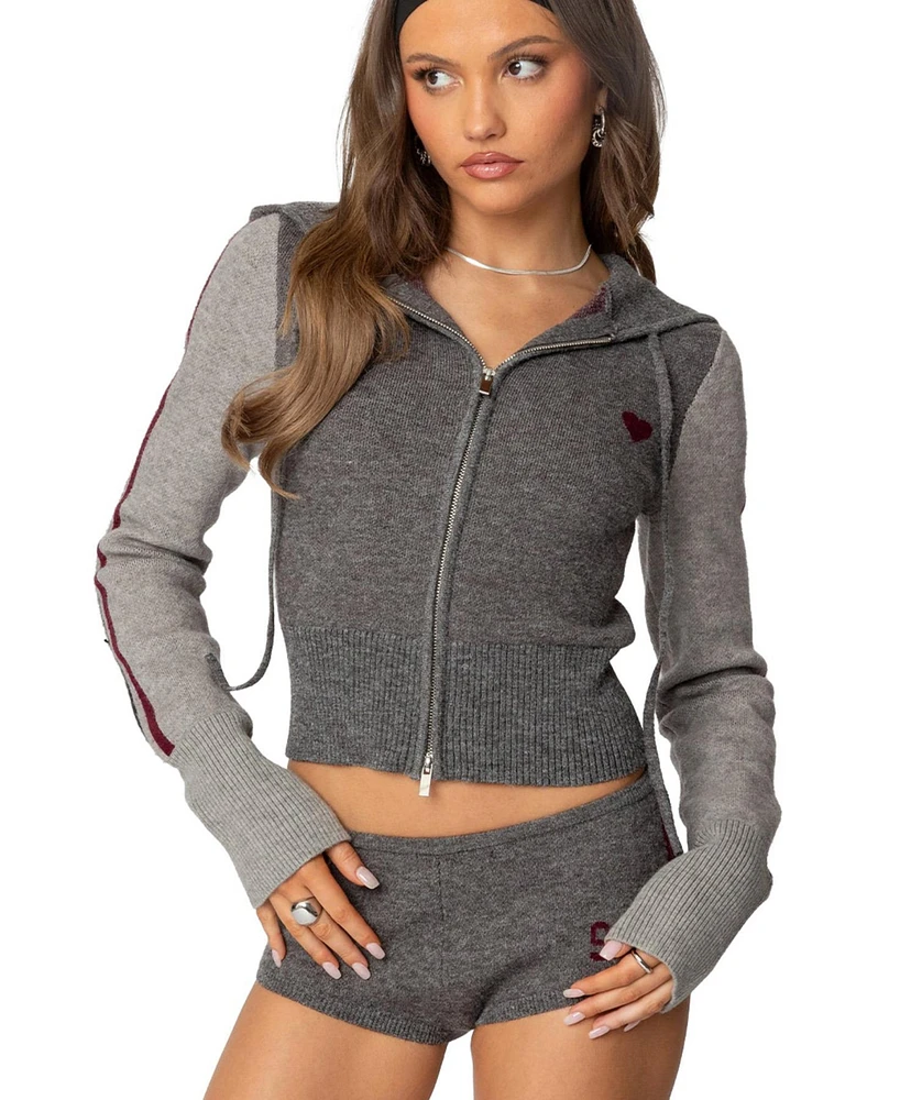 Edikted Womens Heart Knit Zip Up Hoodie