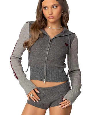 Edikted Womens Heart Knit Zip Up Hoodie