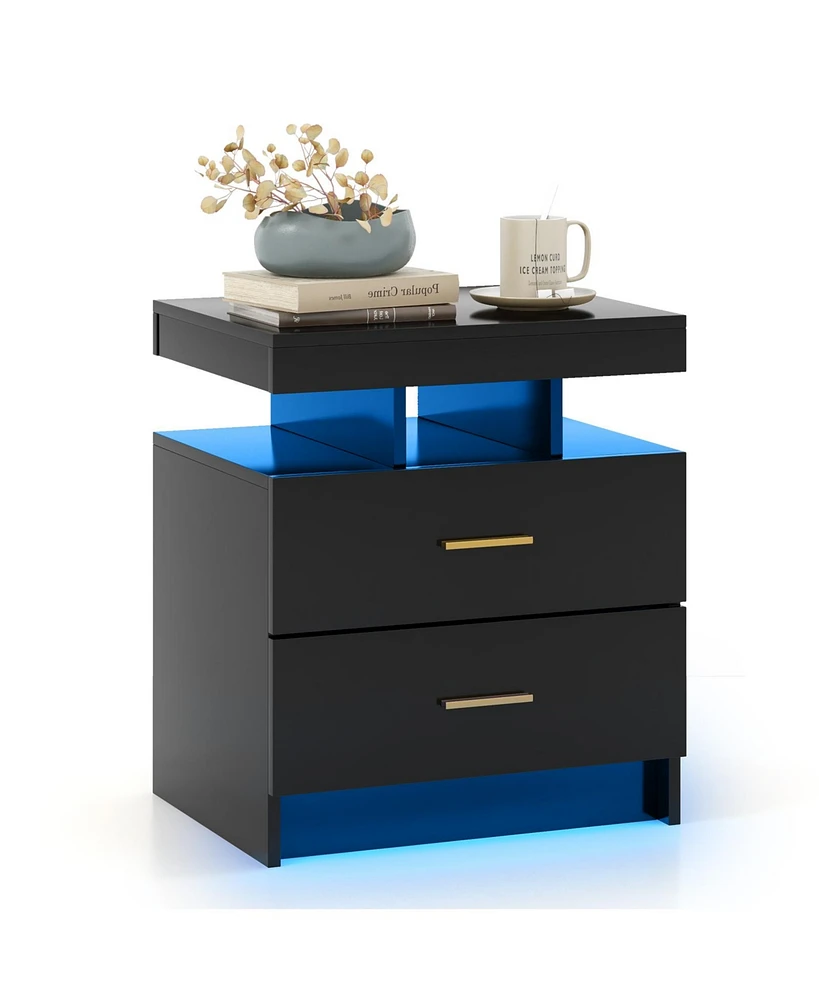 Led Nightstand with 2 Storage Drawers for Bedroom