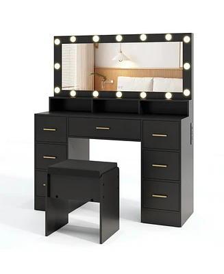 Makeup Vanity Desk with Mirror 3-Color Led Lights and Charging Station