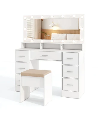 Makeup Vanity Desk with Mirror 3-Color Led Lights and Charging Station