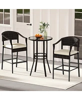 3-Piece Patio Rattan Bar Set with Tempered Glass Top for Backyard Poolside