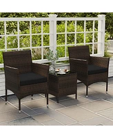 Gymax 3 Pcs Outdoor Conversation Set w/ Cushioned Seat & Tempered Glass Tabletop