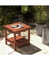Set of 2 Double-Tier Acacia Wood Patio Side Table with Slatted Tabletop and Shelf