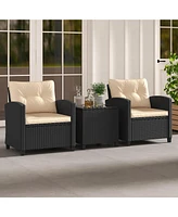 3 Pcs Patio Furniture Set with Tempered Glass Coffee Table Washable Cushions