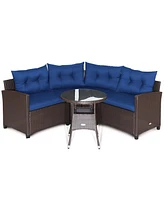 4 Pieces Patio Rattan Furniture Set Cushioned Sofa Glass Table