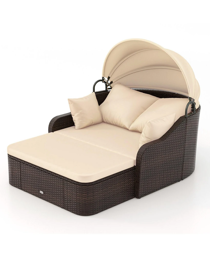 Patio Pe Rattan Daybed with Retractable Canopy and Soft Cushions