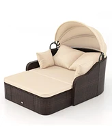 Patio Pe Rattan Daybed with Retractable Canopy and Soft Cushions