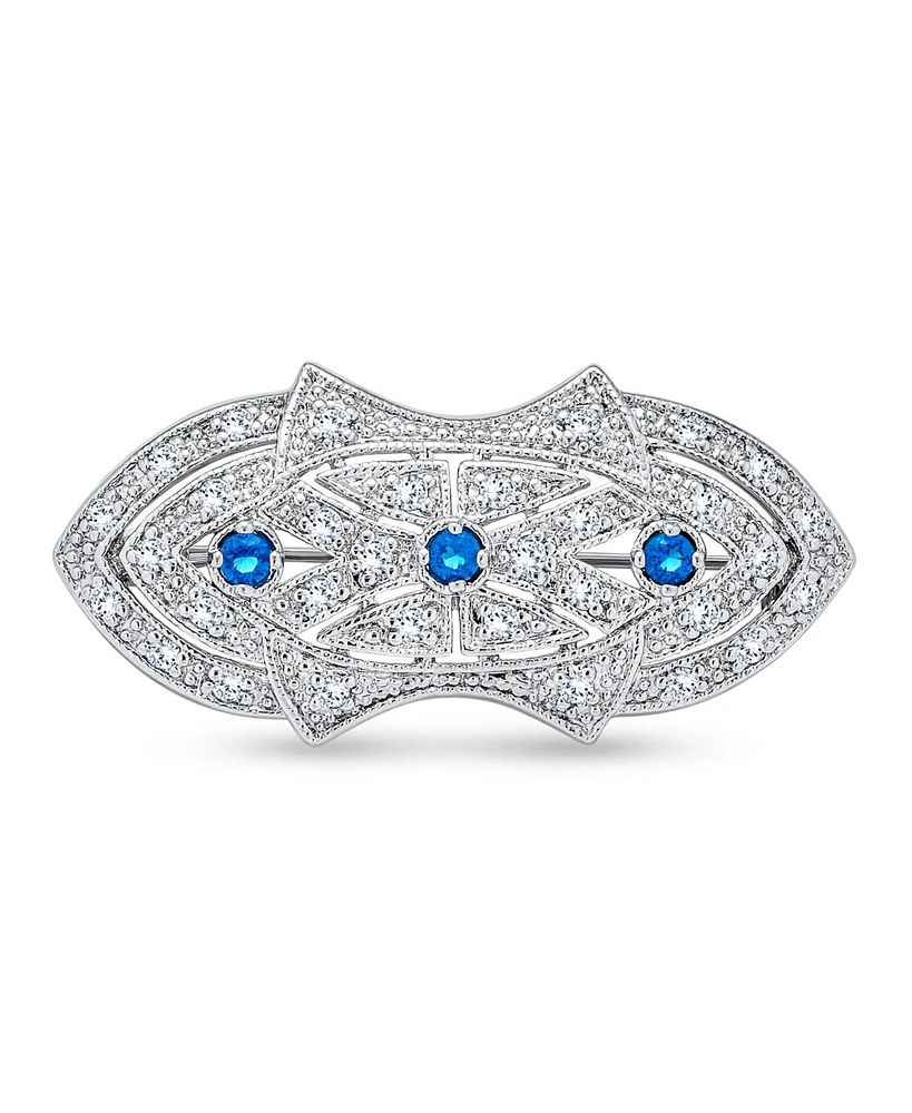 Bling Jewelry Art Deco Brooche Pin with Blue Cz Cubic Zirconia Rhodium Plated