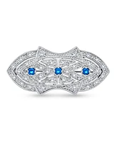 Bling Jewelry Art Deco Brooche Pin with Blue Cz Cubic Zirconia Rhodium Plated