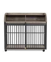 44'' Heavy Duty Large Dog Crate Furniture for Large Medium Dog with Lockable Wheels Grey
