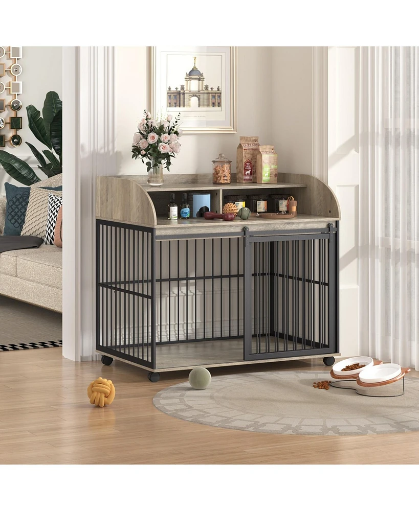 44'' Heavy Duty Large Dog Crate Furniture for Large Medium Dog with Lockable Wheels Grey