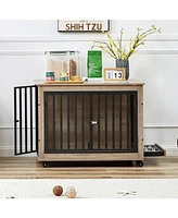 Furniture Style Dog Crate Side Table With Feeding Bowl, Wheels, Three Doors, Flip-Up Top Opening. Indoor, Grey