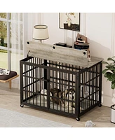 Furniture style dog crate wrought iron frame door with side openings, Rustic Brown