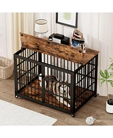 Furniture style dog crate wrought iron frame door with side openings, Rustic Brown