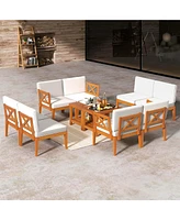 10 Pcs Acacia Wood Patio Furniture Set with Cushions and 2-Tier Coffee Table