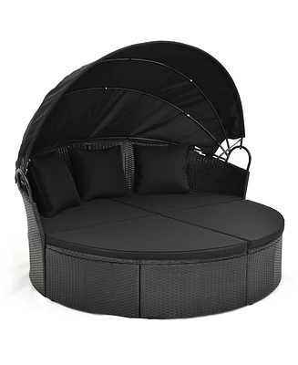 Clamshell Patio Round Daybed Wicker with Retractable Canopy and Pillows