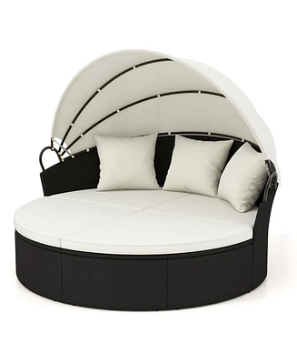Clamshell Patio Round Daybed Wicker with Retractable Canopy and Pillows