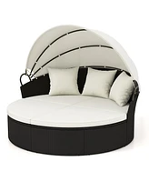 Clamshell Patio Round Daybed Wicker with Retractable Canopy and Pillows