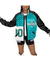 Gameday Couture Women's Black/Aqua Miami Dolphins Oversized Hot Shot Rhinestone Throwback Full-Snap Varsity Bomber Jacket