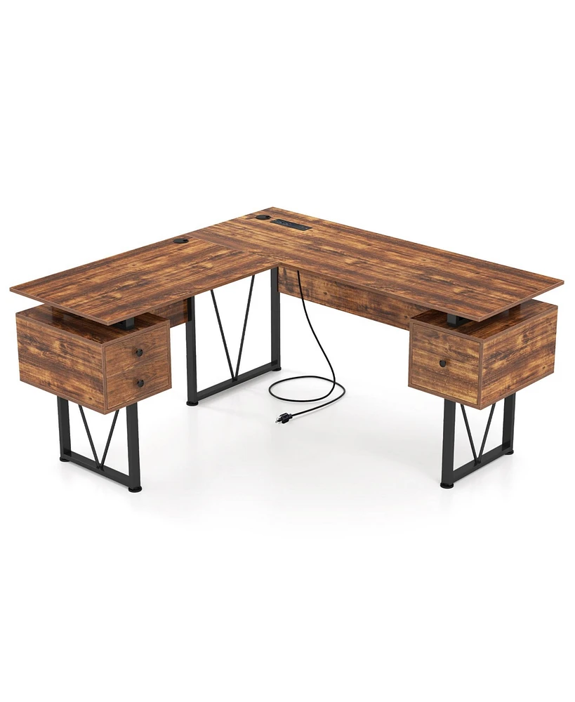 L-Shaped Computer Desk with Power Outlets for Convenient Charging and Efficient Workspace