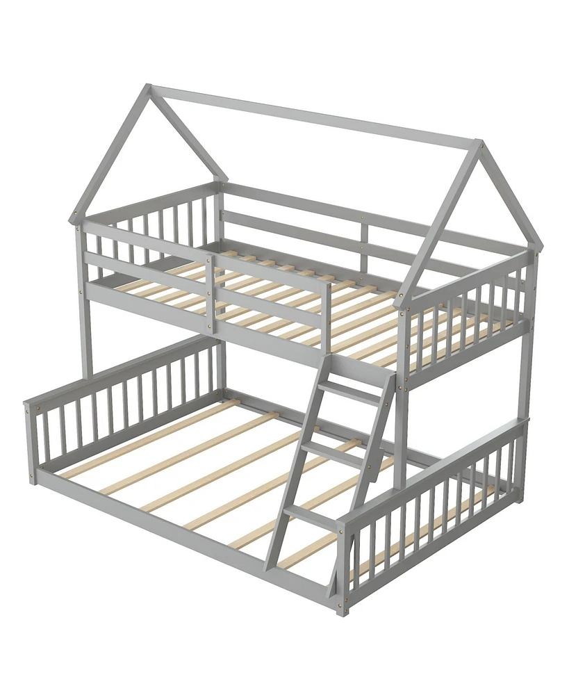 House Bunk Bed with Ladder, Guardrails, and Playhouse Design for Kids Bedroom Furniture