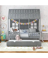 Bed Frame House Bed with Trundle and Tall Roof
