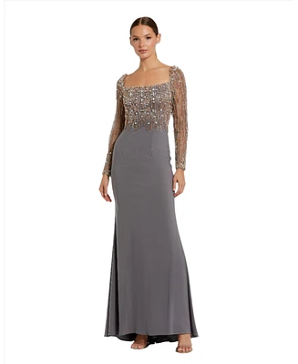 Women's Beaded Square Neck Long Sleeve Jersey Gown