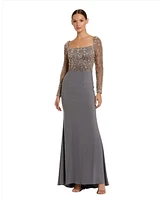 Women's Beaded Square Neck Long Sleeve Jersey Gown