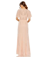 Women's High Neck Flutter Sleeve Embellished Gown