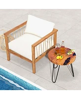 20" Round Teak Wood End Table Solid Live Edge Outdoor Side Table with Metal Frame