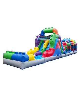 HeroKiddo 42' Block Party Inflatable Obstacle Course Water Slide Combo with Air Blower, Commercial Grade, 100% Pvc Vinyl, Kids Outdoor Play, Summer Fu