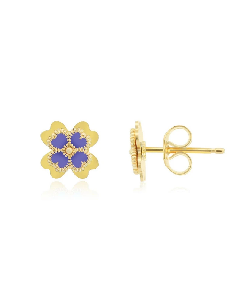 The Lovery Lavender Enamel Four Leaf Clover Stud Earrings 14K Gold