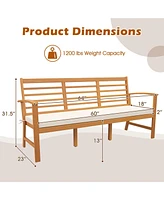 Patio Wood Bench with Seat Cushion and Slatted Seat for Backyard