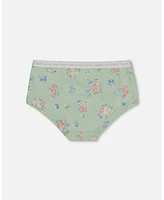 Girl Printed Cotton Boyshort Panty Small Pink And Blue Flowers On Light Sage - Toddler|Child