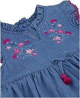 Kids Headquarters Toddler and Little Girls 2-Piece Embroidered Trim Chambray Tunic Top Floral Capri Leggings Set